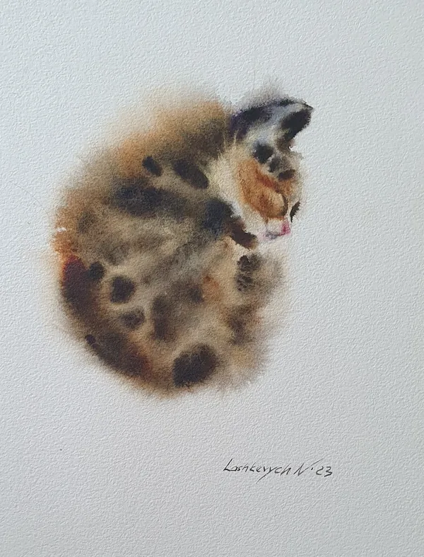 Aquarell einer zusammengerollten, schlafenden Katze