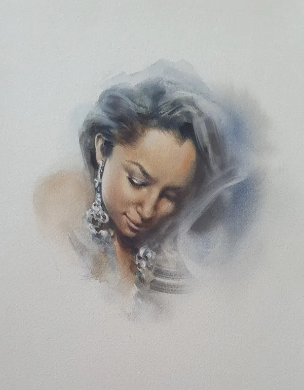 Aquarell-Porträt einer Frau mit gesenktem Blick und großem Ohrring, in Blautönen