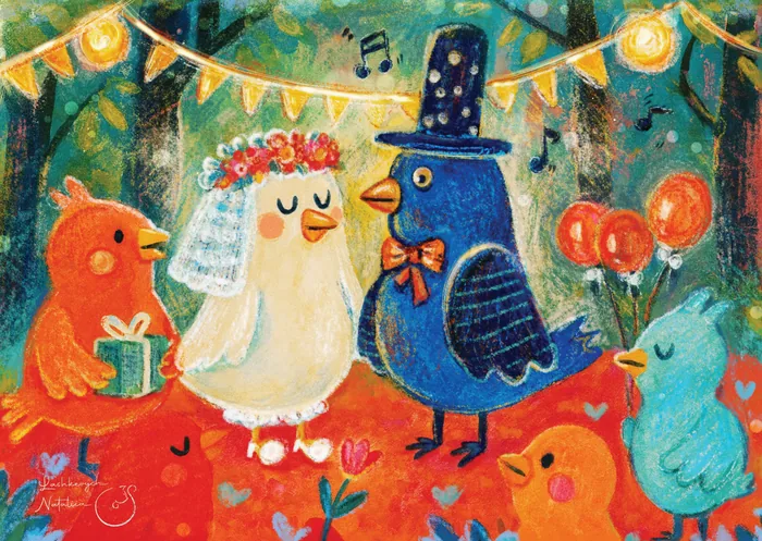 Postkarte „Vogelhochzeit“: bunte Vögel feiern im Wald eine Hochzeit