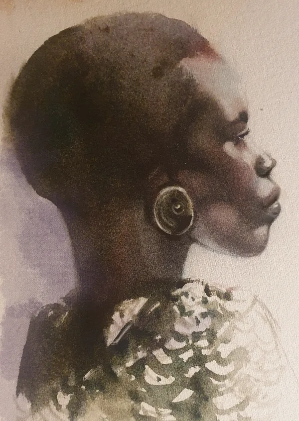 Aquarell-Porträt im Profil: Frau mit kurzem Haar und rundem Ohrring