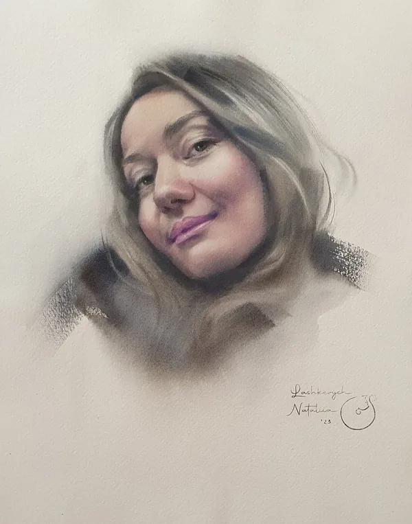 Aquarell-Porträt einer Frau mit blondem Haar, den Kopf leicht geneigt