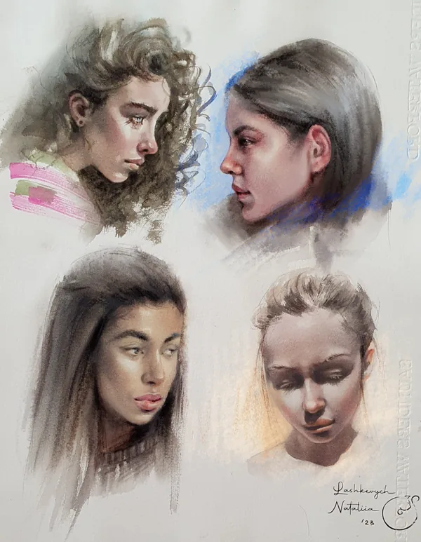 Vier Porträtstudien von Frauengesichtern in Aquarell